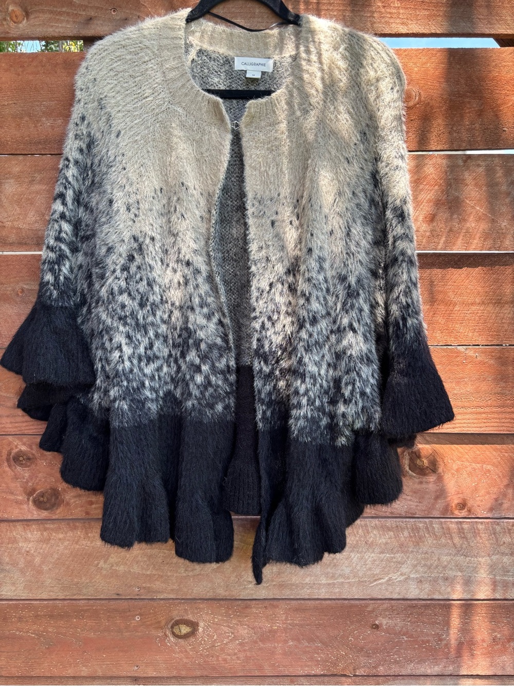 Calligraphie Women’s Ombre Black and Cream Open-Front Fuzzy Cardigan , Medium